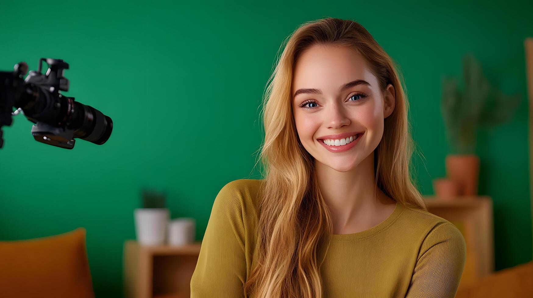 Cheerful and confident young woman a social media influencer filming a for her online channel in a studio setting with a green screen background photo