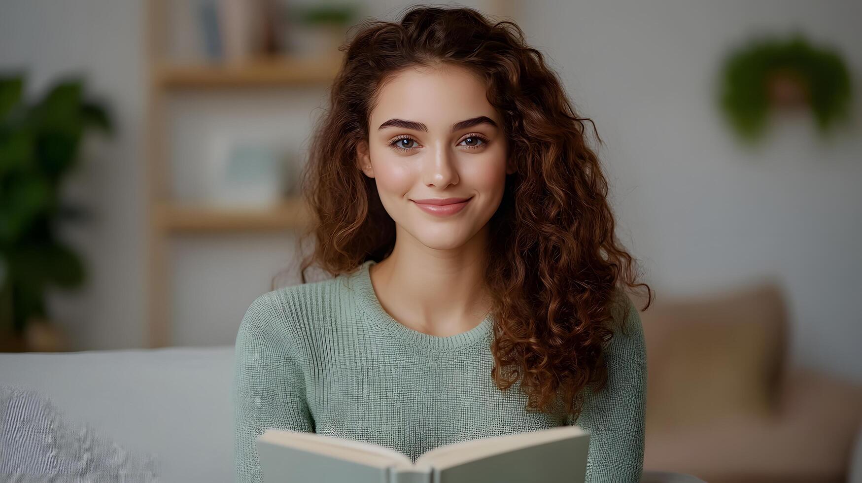 A young woman with curly hair smiling as she reads a book in the comfort of her cozy living room surrounded by shelves plants and a warm inviting atmosphere photo