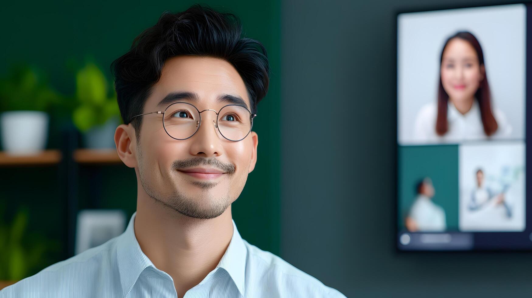 Portrait of a confident professional Asian businessman the CEO of a tech startup standing in a modern bright office with digital displays and a calm collaborative workspace photo