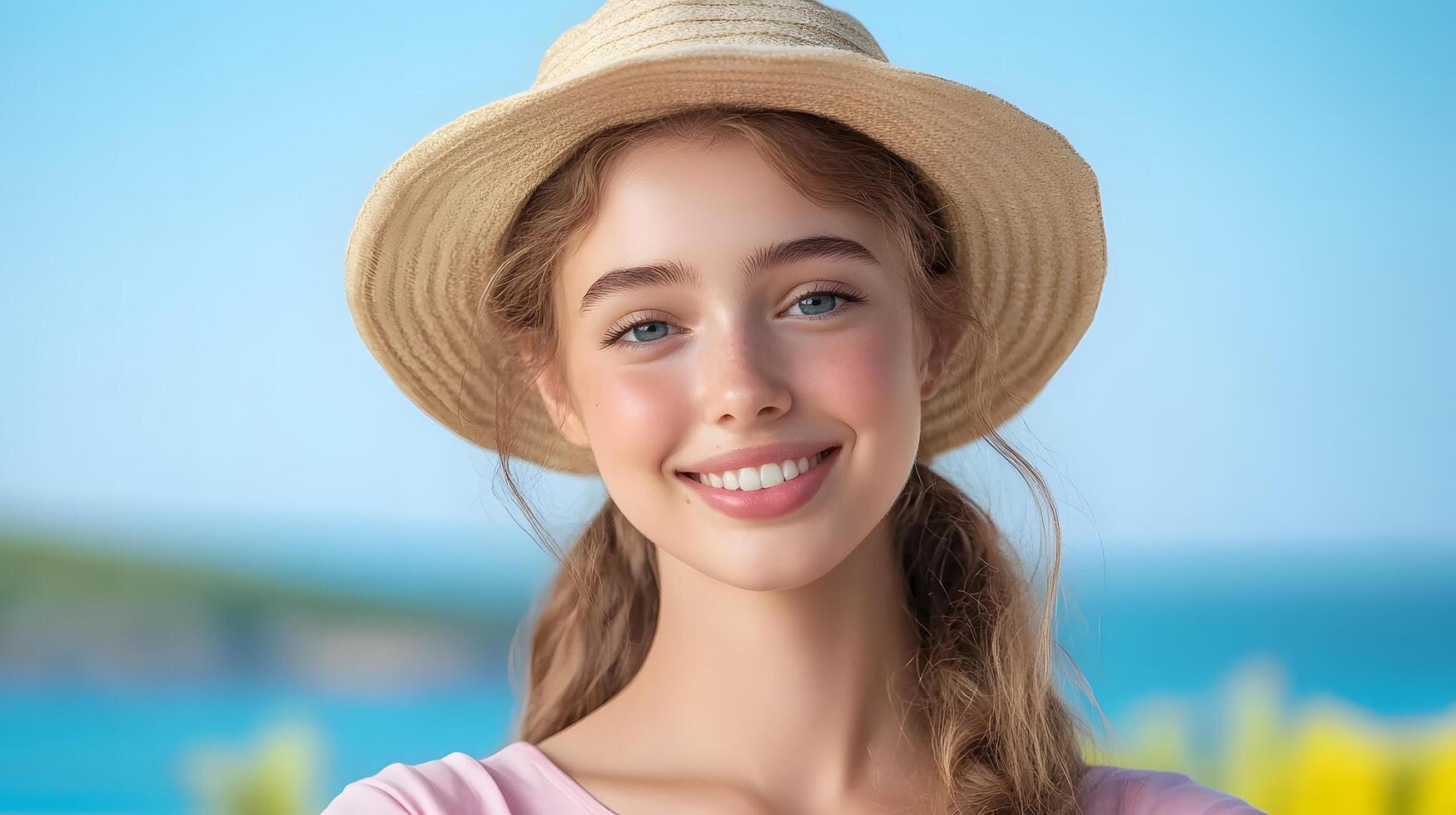 Young woman with a wide brimmed hat smiling as she takes a selfie against a picturesque ocean and coastal landscape photo