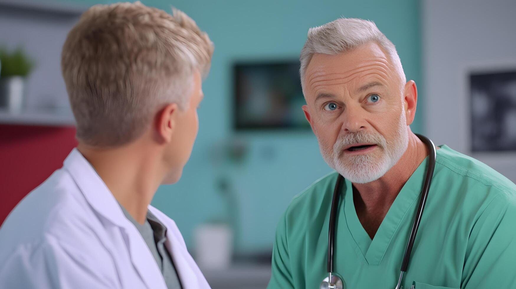 Two doctors one elderly and one younger engaged in a serious discussion about a patient s diagnosis in a well equipped medical office setting photo