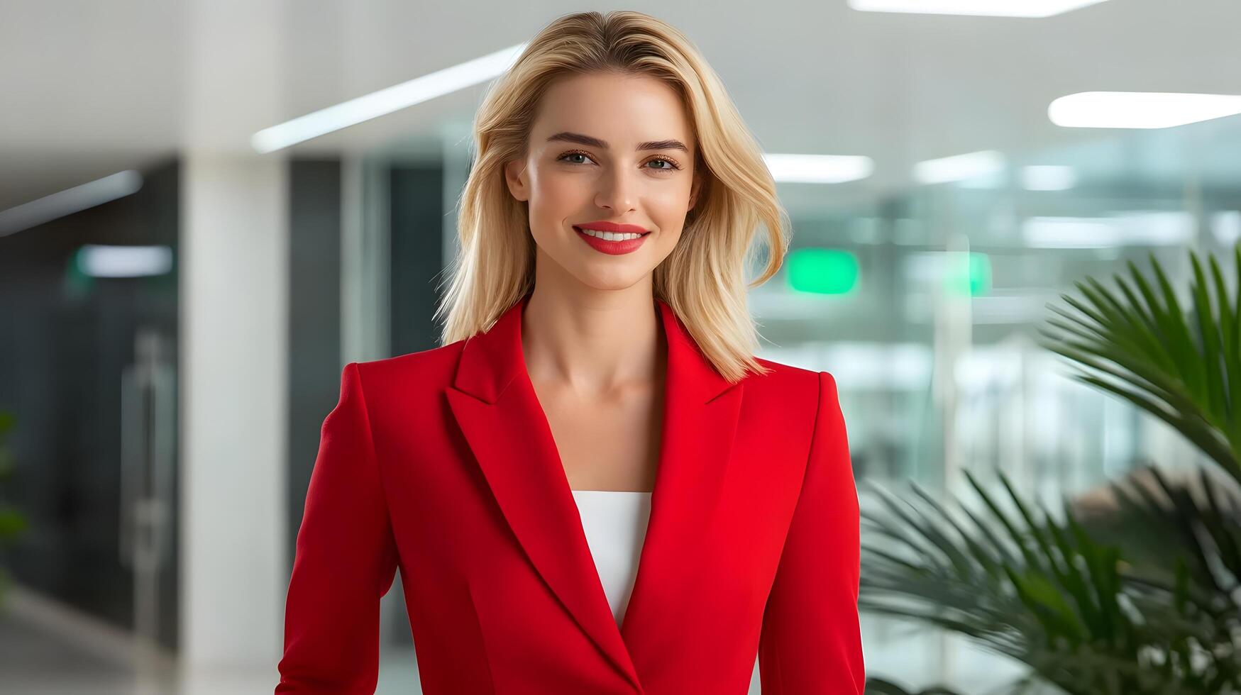 Successful female executive confidently strides through the modern well lit lobby of a corporate office building photo