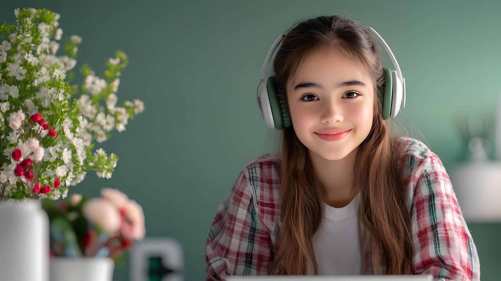 Smiling young woman studying online while sitting at a tidy organized desk in a cozy bright home environment photo
