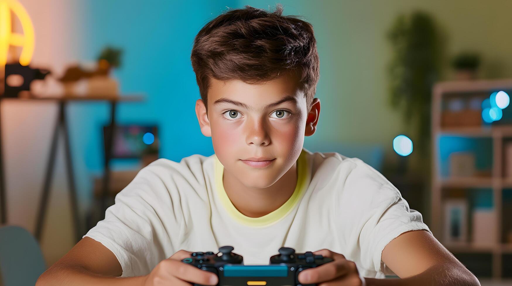 Portrait of a focused teenage boy intently playing games in a dimly lit room with neon lighting accents photo