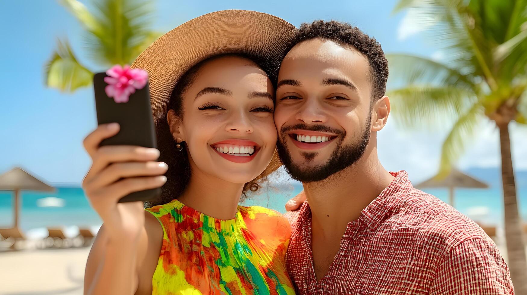 Two smiling people capture a happy moment together while on a relaxing beach getaway surrounded by palm trees and a vibrant scenic setting photo