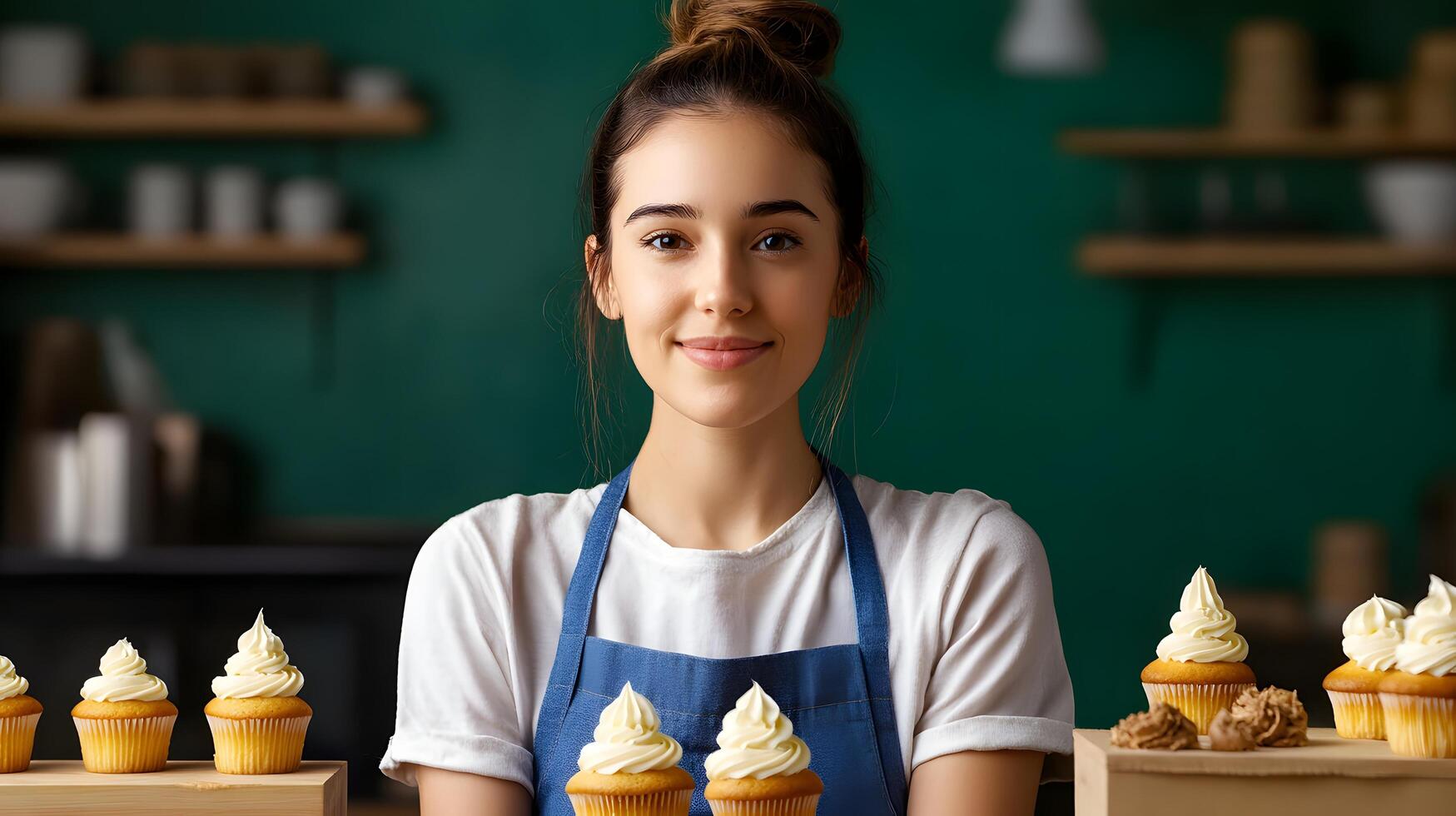 Young woman in a kitchen apron carefully baking a batch of freshly made cupcakes with a concentrated determined expression on her face photo