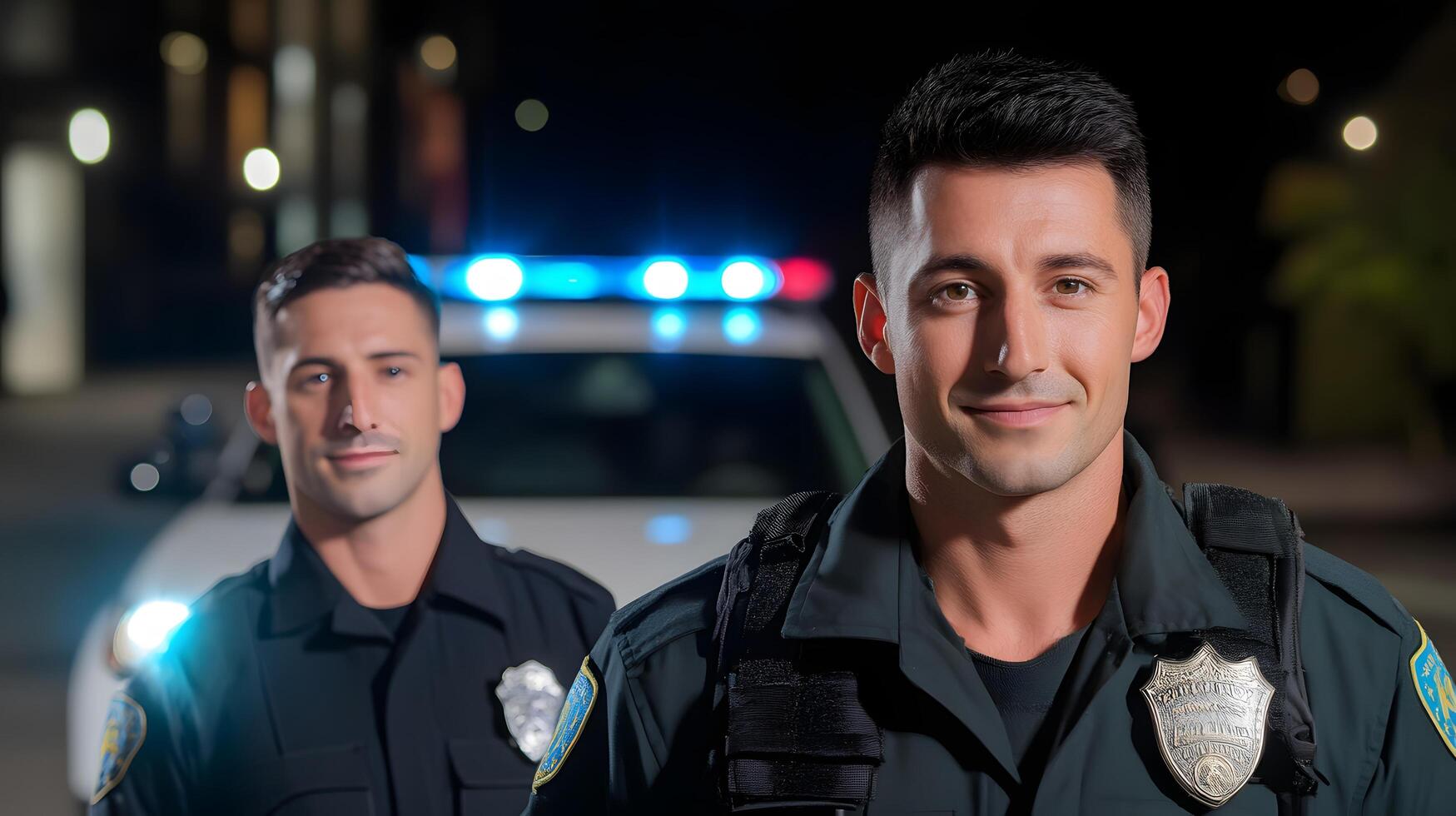 Two uniformed police officers standing together next to a patrol car with flashing lights on a dimly lit city street at night photo