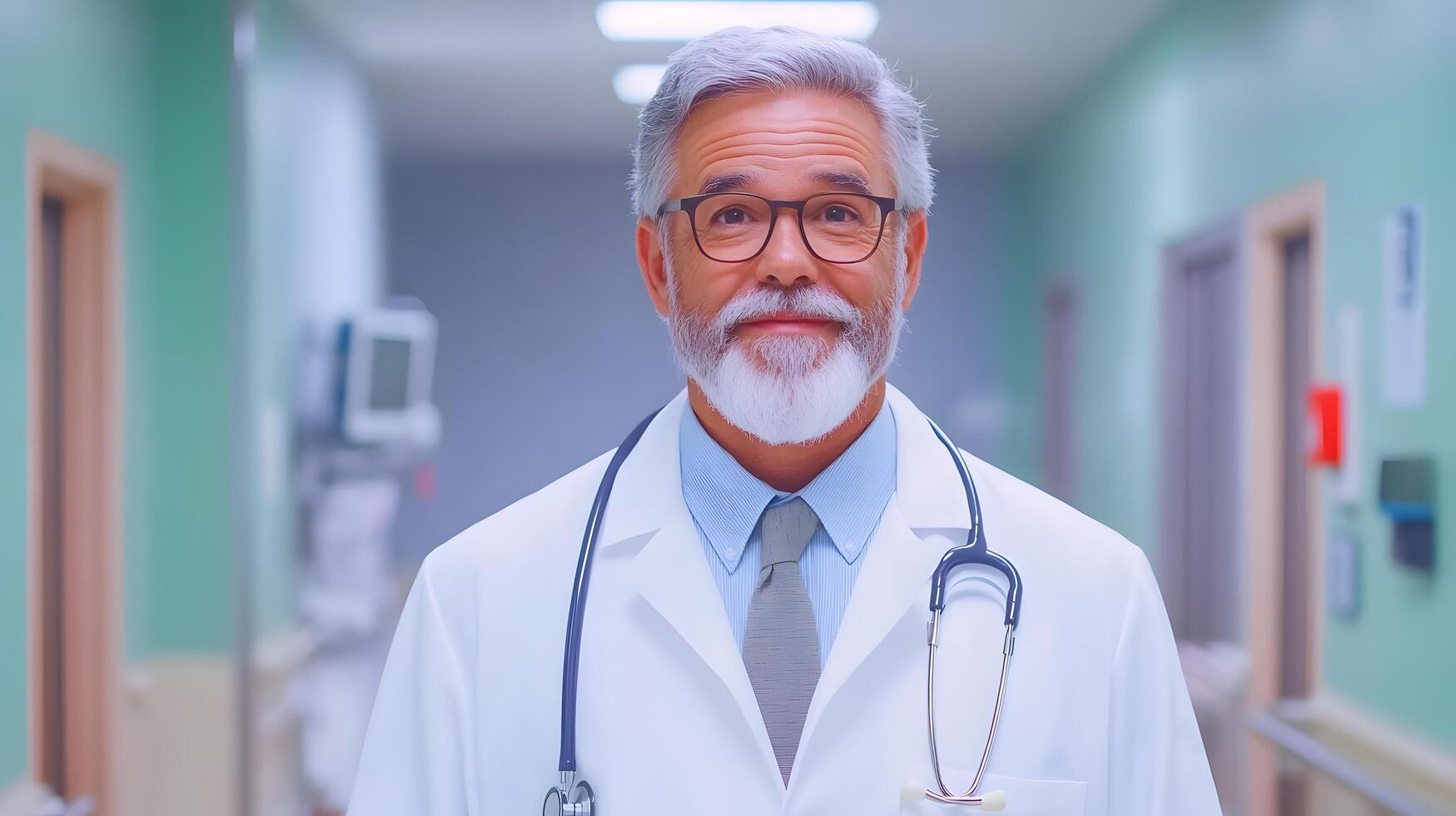 Mature confident doctor wearing a white medical coat stands in the hallway of a hospital ready to provide care and expertise to patients photo
