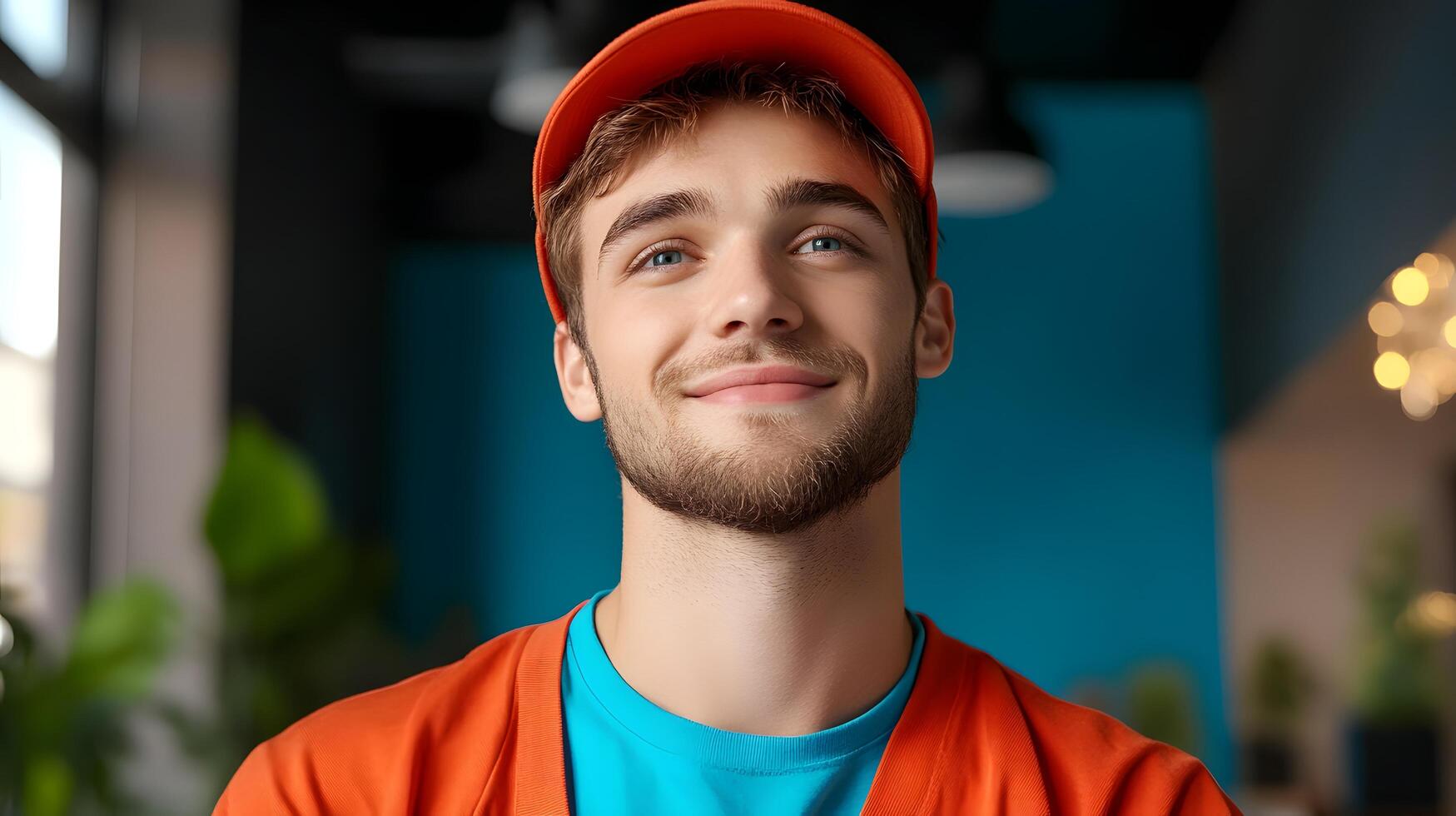 A friendly and confident young man dressed in a casual uniform smiling while posing in a modern office or technology workspace representing the role of an IT support technician photo