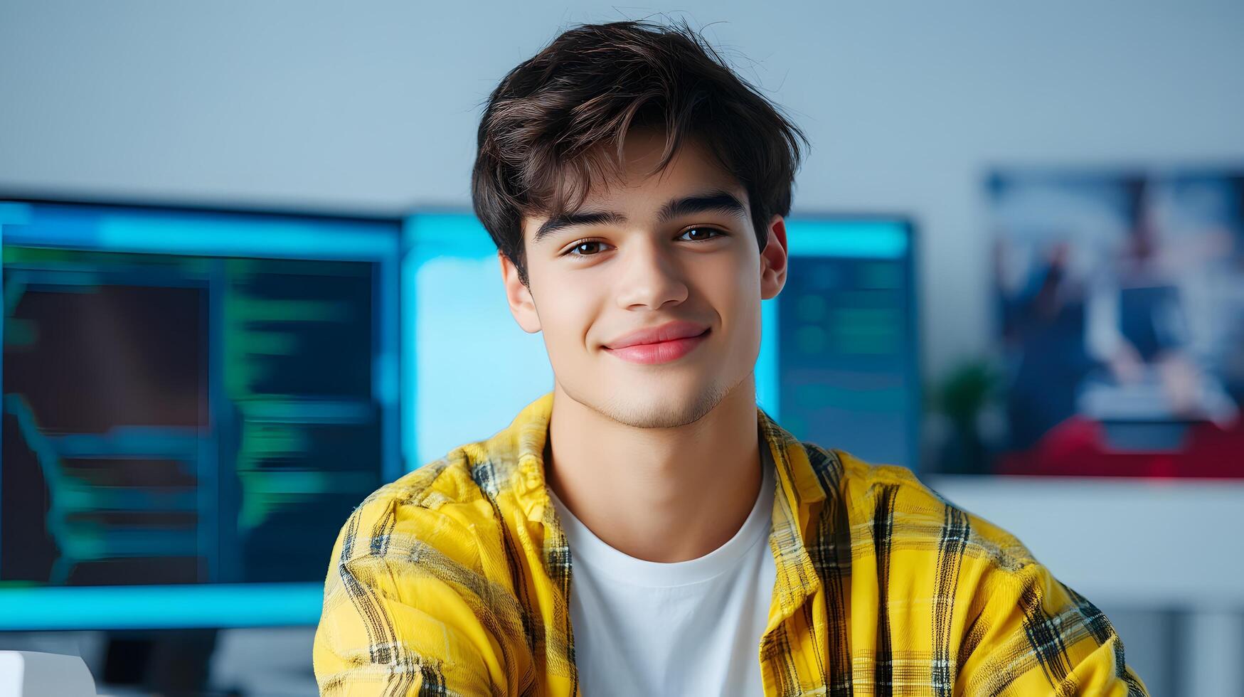 A confident and focused young professional posing in their cybersecurity focused workspace surrounded by technology and digital displays photo