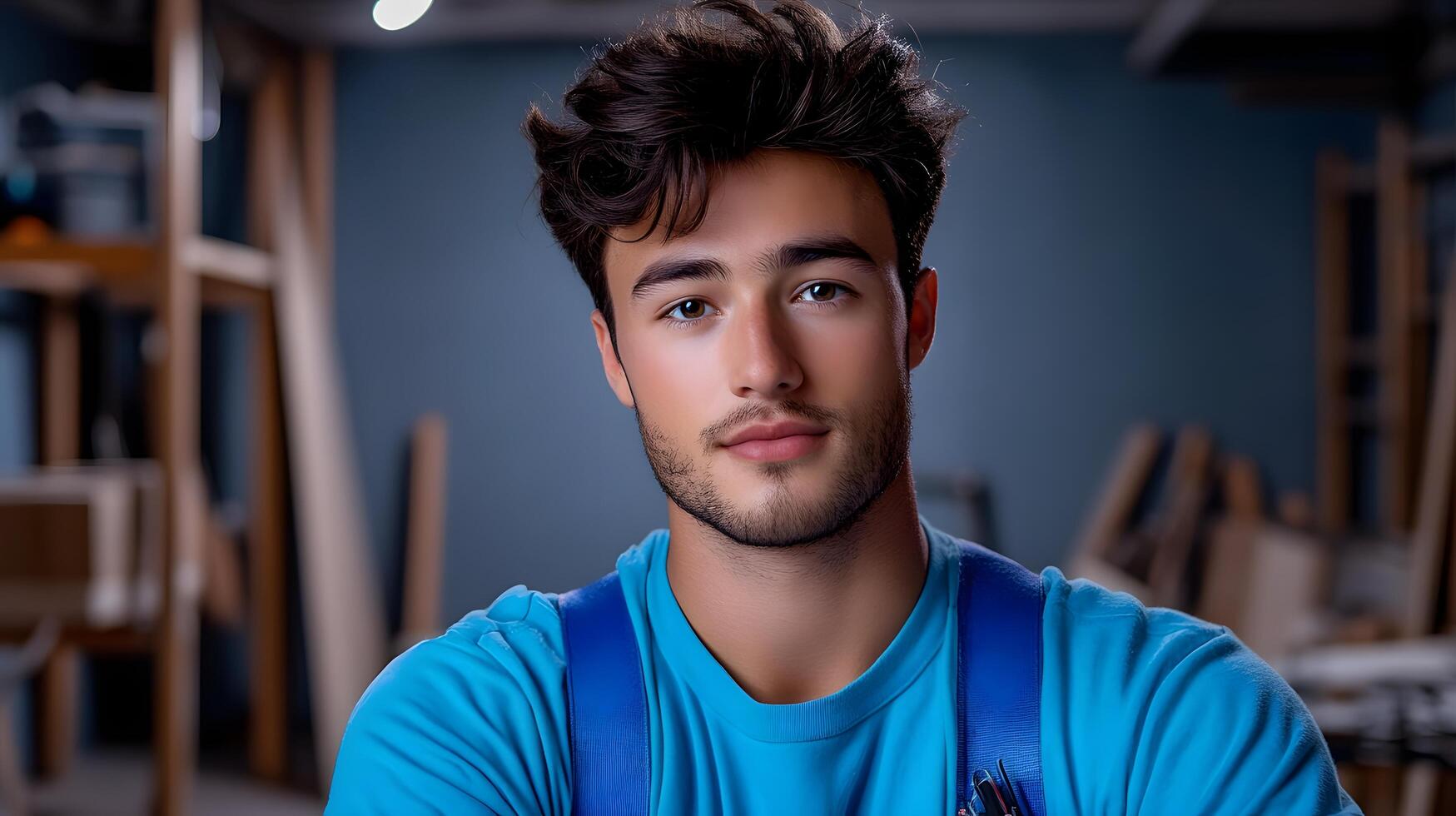 A confident and focused young male carpenter poses in his workshop surrounded by various woodworking tools and materials showcasing his professional skills and expertise photo