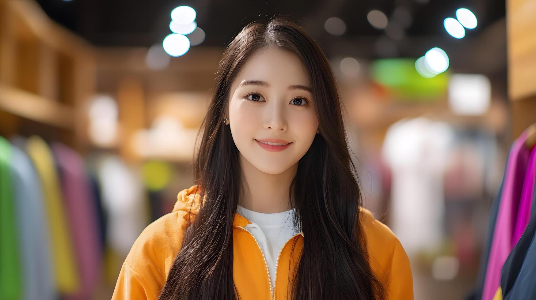 A young Asian woman with long dark hair is seen trying on a bright yellow jacket while shopping in a cozy boutique her face lit up with a warm happy smile as she examines herself in the mirror photo