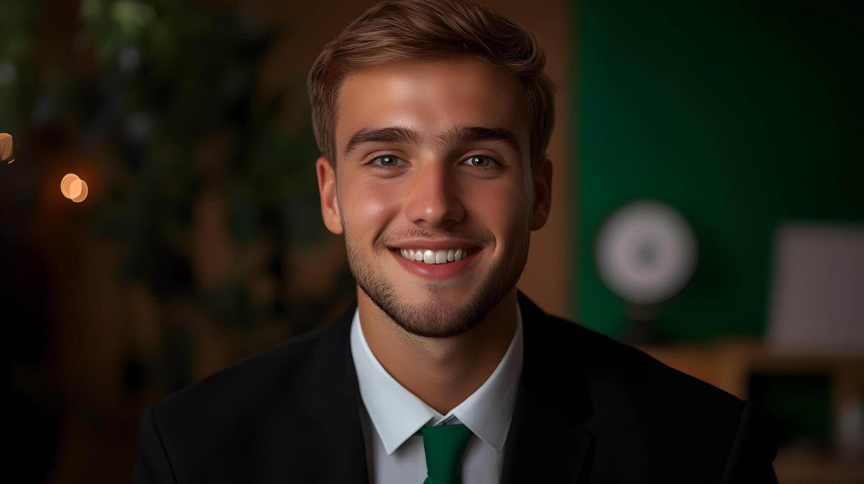 A confident and smiling young professional in a suit poses in an office setting embodying the role of a risk manager focused on success strategy and photo