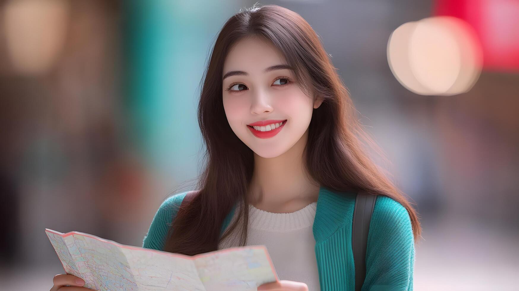 A young cheerful female traveler stands on a city street studying a map and planning her next adventure through the unfamiliar urban landscape photo
