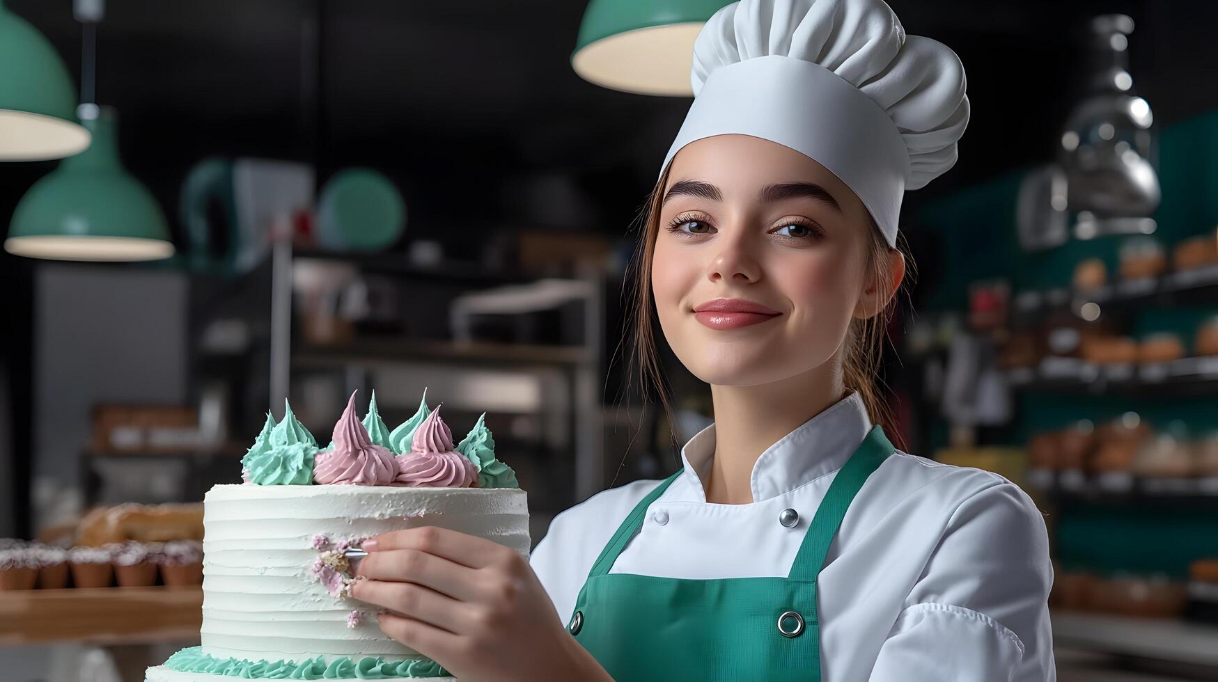 A skilled and smiling female chef carefully decorating a beautifully presented cake in a well equipped bakery setting showcasing their culinary and attention to detail photo