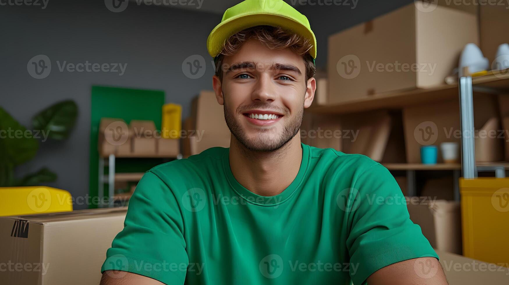 A smiling young man in a green uniform poses confidently in a well organized warehouse ready to deliver packages to customers photo