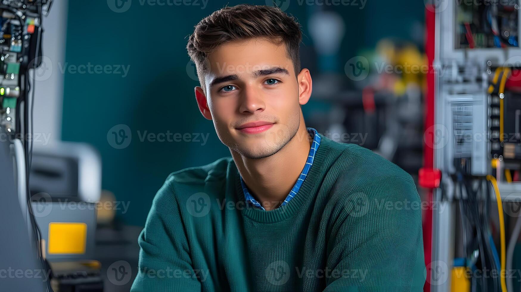 A smiling young man dressed casually posing confidently in a workplace setting with various computer and electronic equipment around him representing his role as a network administrator photo