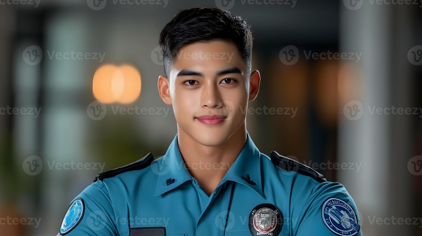 A portrait of a young serious looking security guard dressed in a blue uniform standing in their workplace environment photo