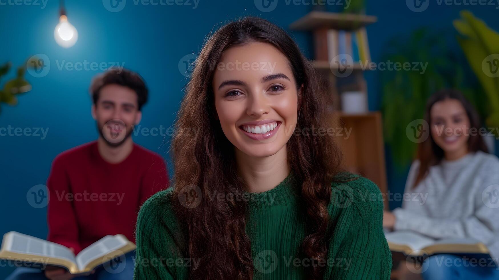 A group of young students engaged in a cozy and welcoming Bible study session surrounded by books and a warm inviting atmosphere photo