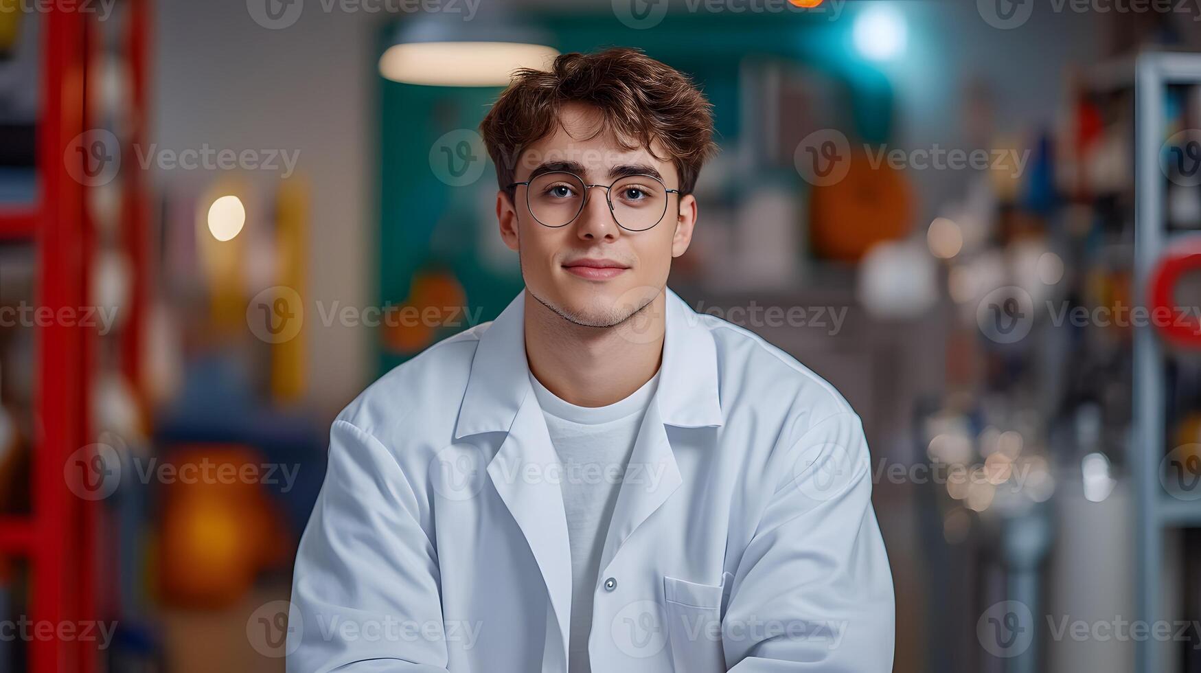 A smiling bespectacled young man wearing a casual outfit stands in a modern office or lab environment suggesting his role as a data scientist or researcher photo