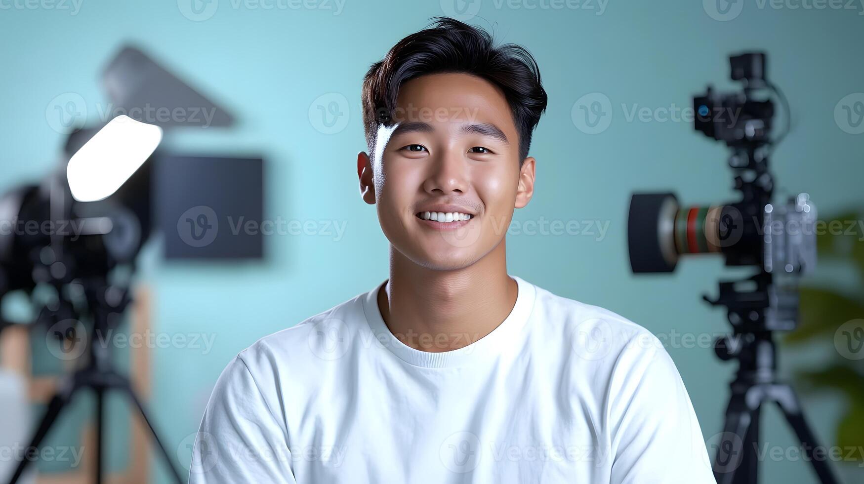 A portrait of a young smiling Asian man who appears to be a videographer or cinematographer posing confidently in a workplace or studio setting surrounded by equipment and lighting photo