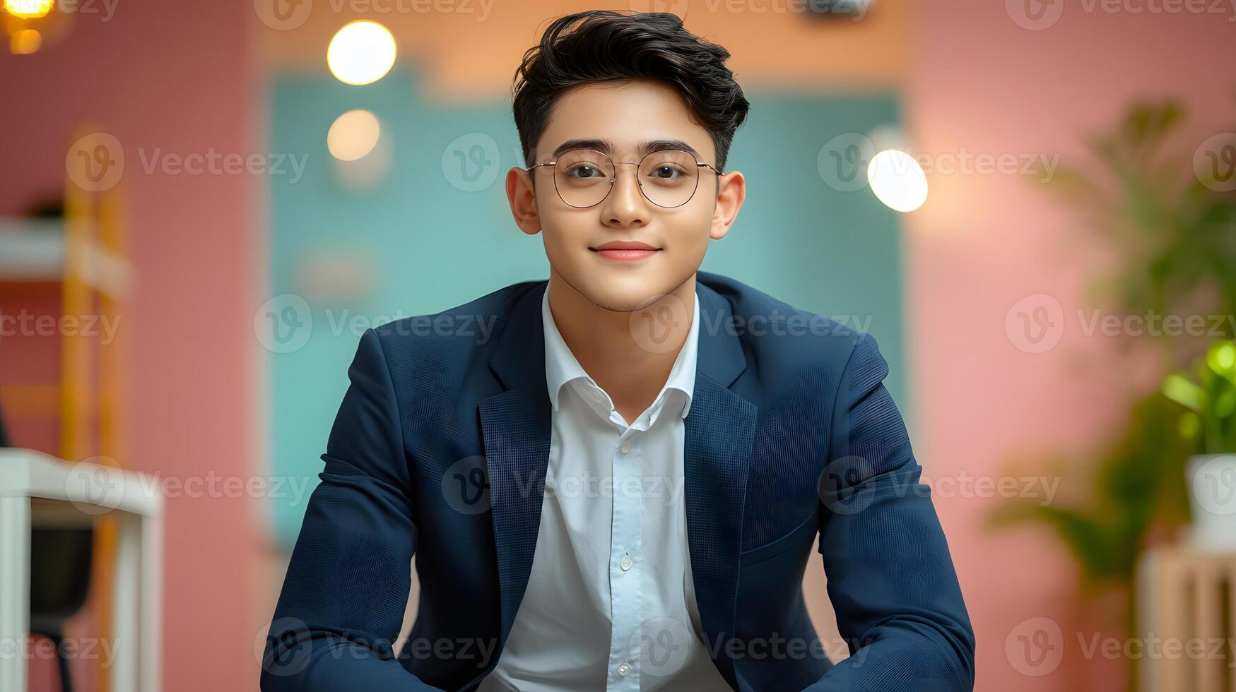 A portrait of a young well dressed financial consultant posing confidently in a modern office setting conveying professionalism and expertise photo