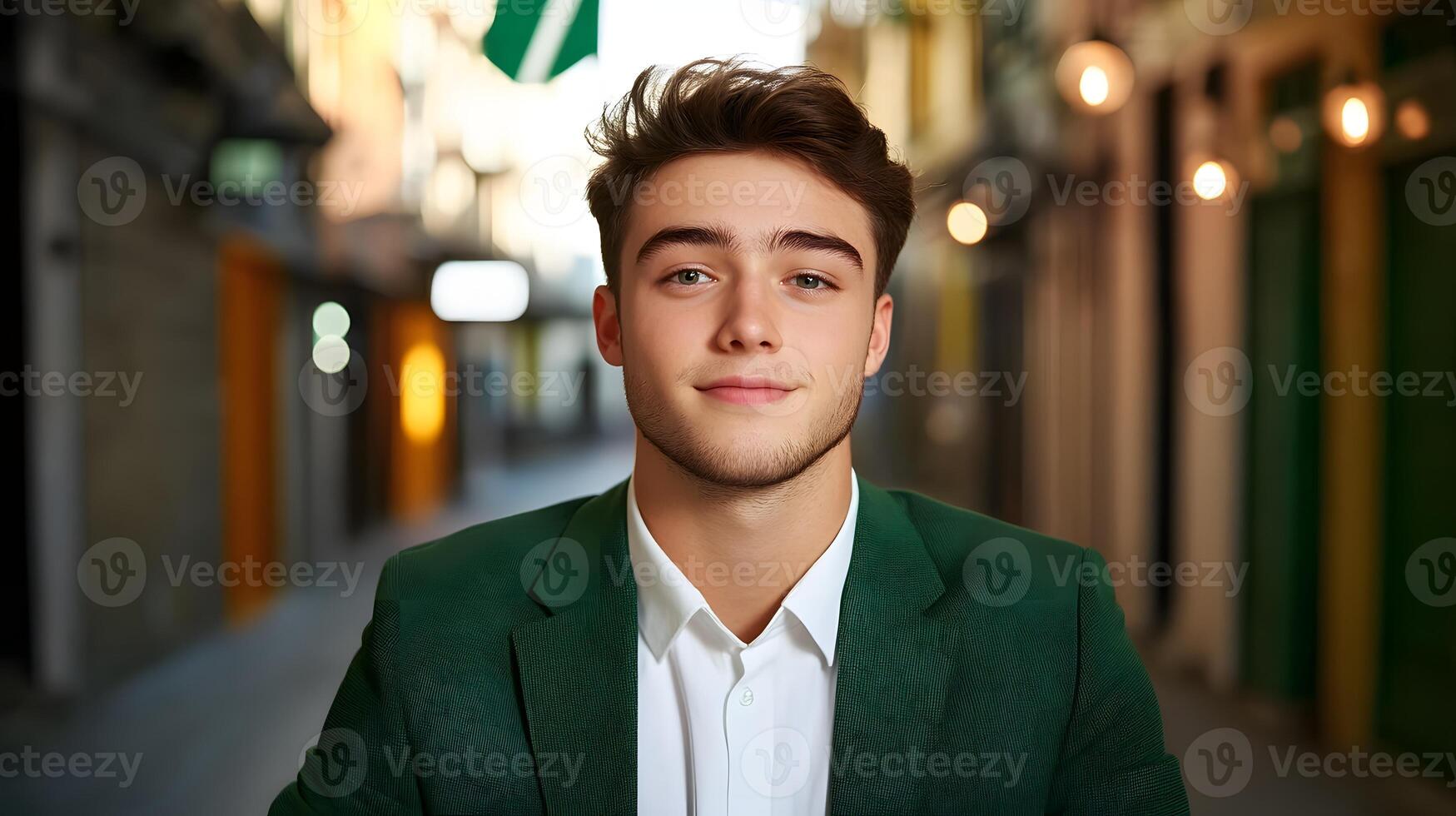 A young confident looking man dressed in formal business attire stands in an urban setting possibly an office or workplace posing for a portrait photo