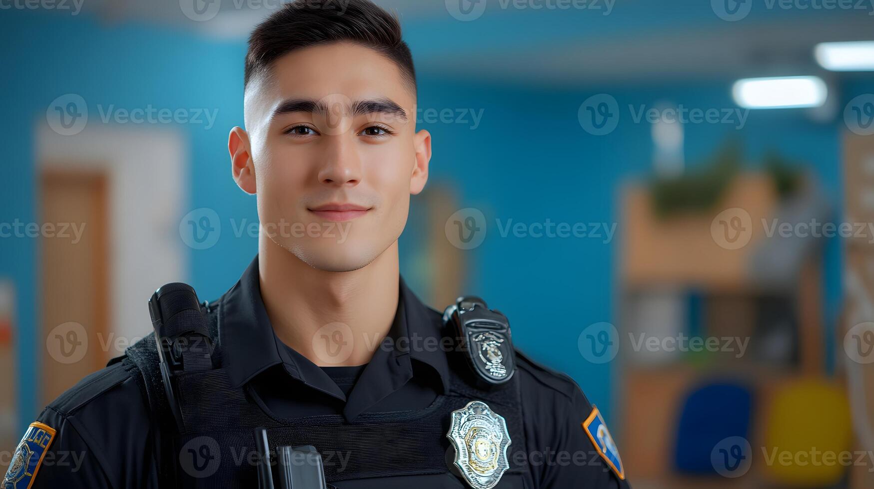 A headshot portrait of a young serious looking police officer in uniform standing in their workplace environment photo