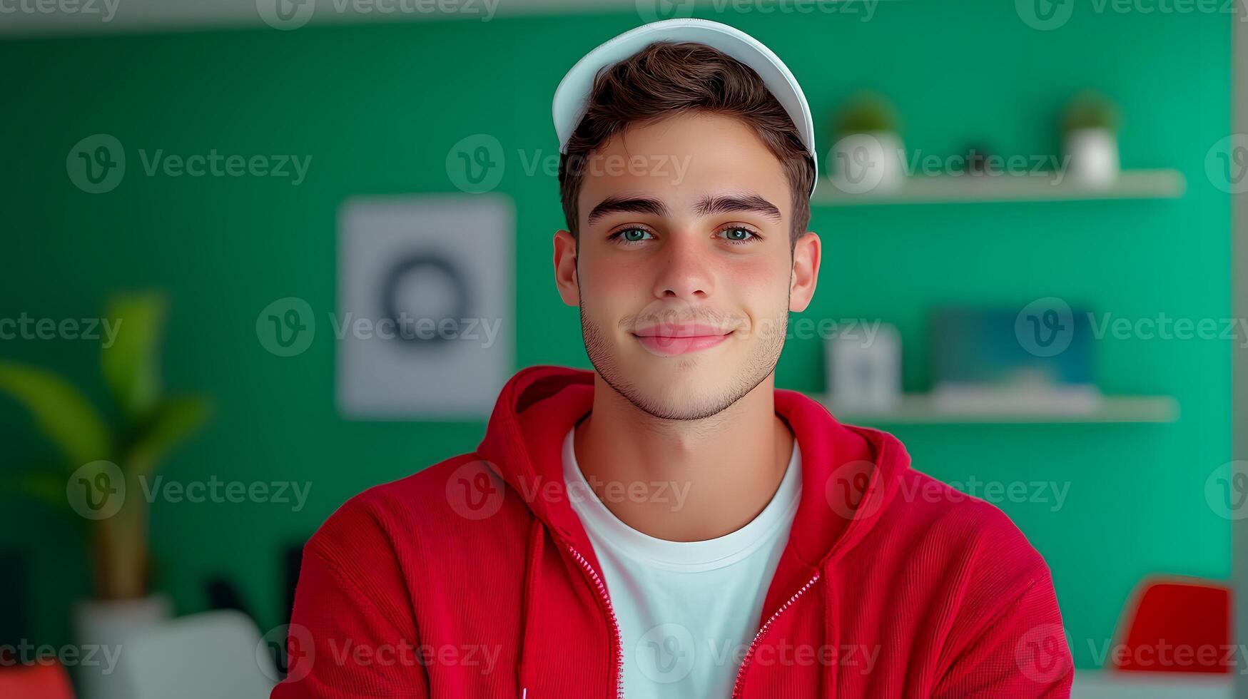 A young confident man in a red hoodie and hat poses in a modern green walled workplace representing a successful content creator or entrepreneur photo