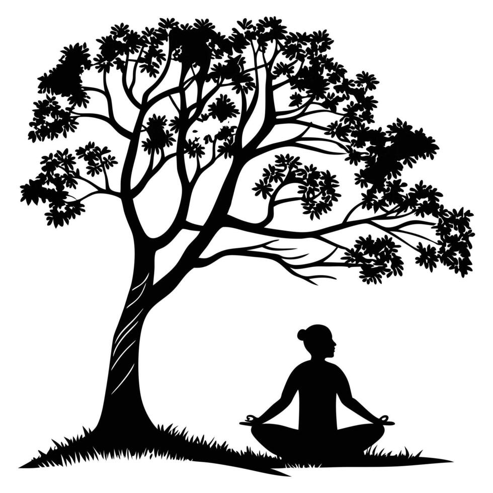 Woman meditating under a tree vector