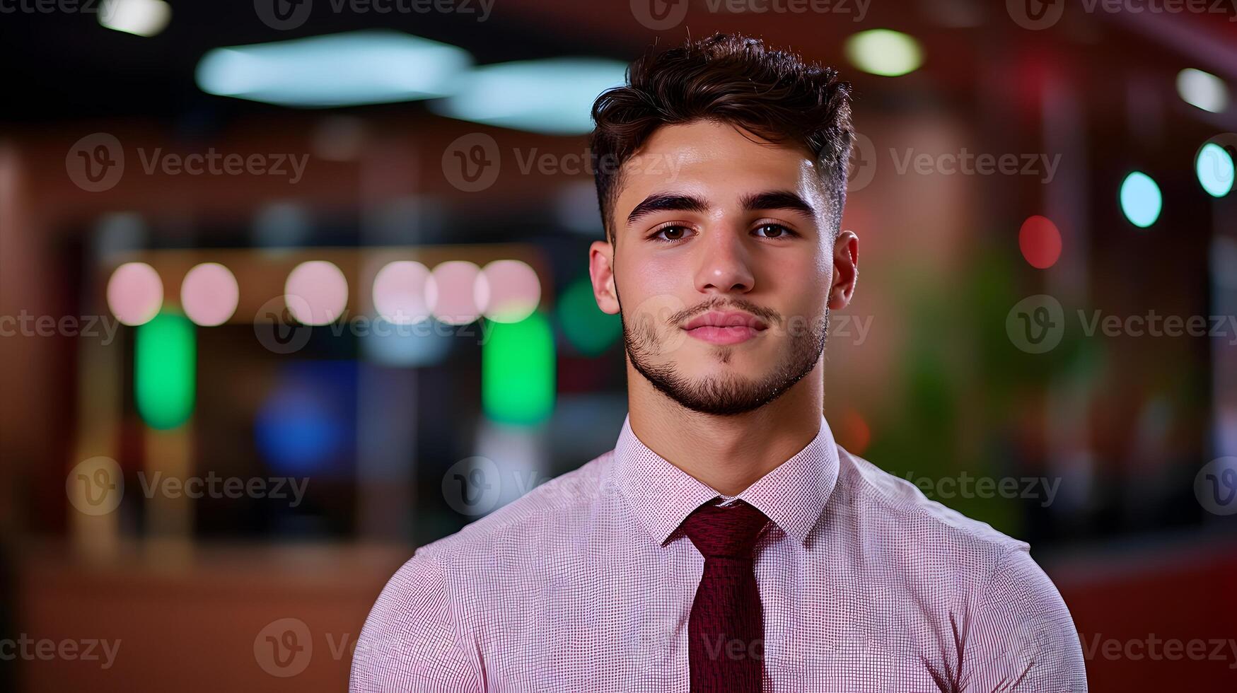 A portrait of a young confident banker posing in a professional workplace setting with a focused expression and dressed in a formal suit and tie photo