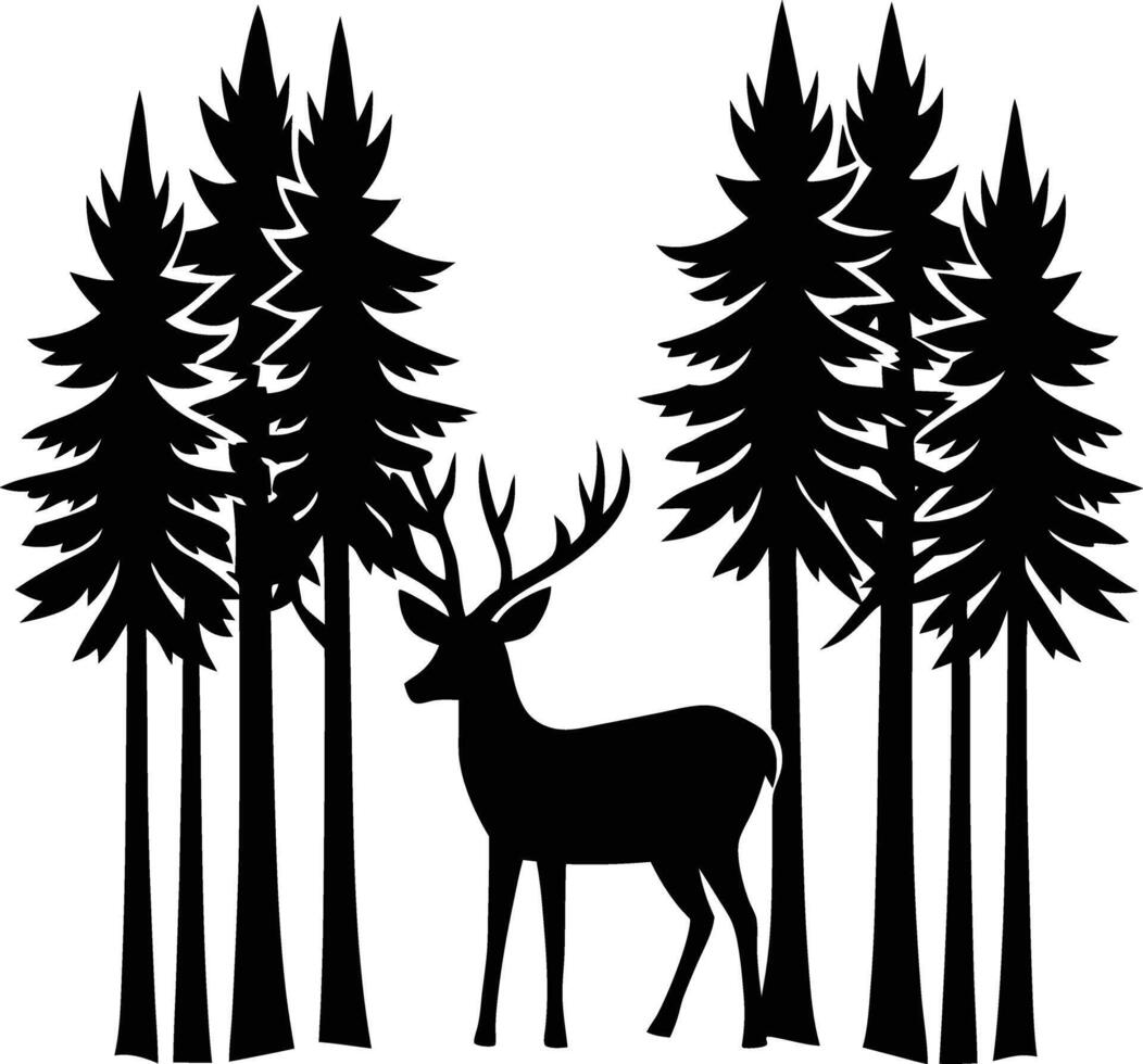 a forest silhouette with a small deer standing among the trees vector