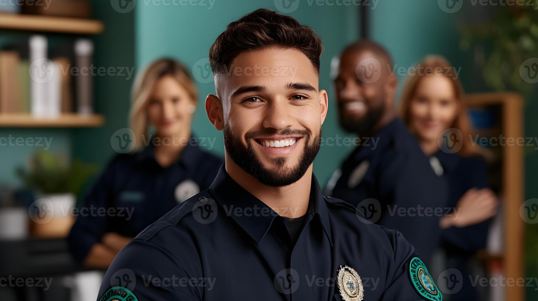 A young smiling corrections officer in uniform standing confidently in their workplace surrounded by colleagues in the background photo