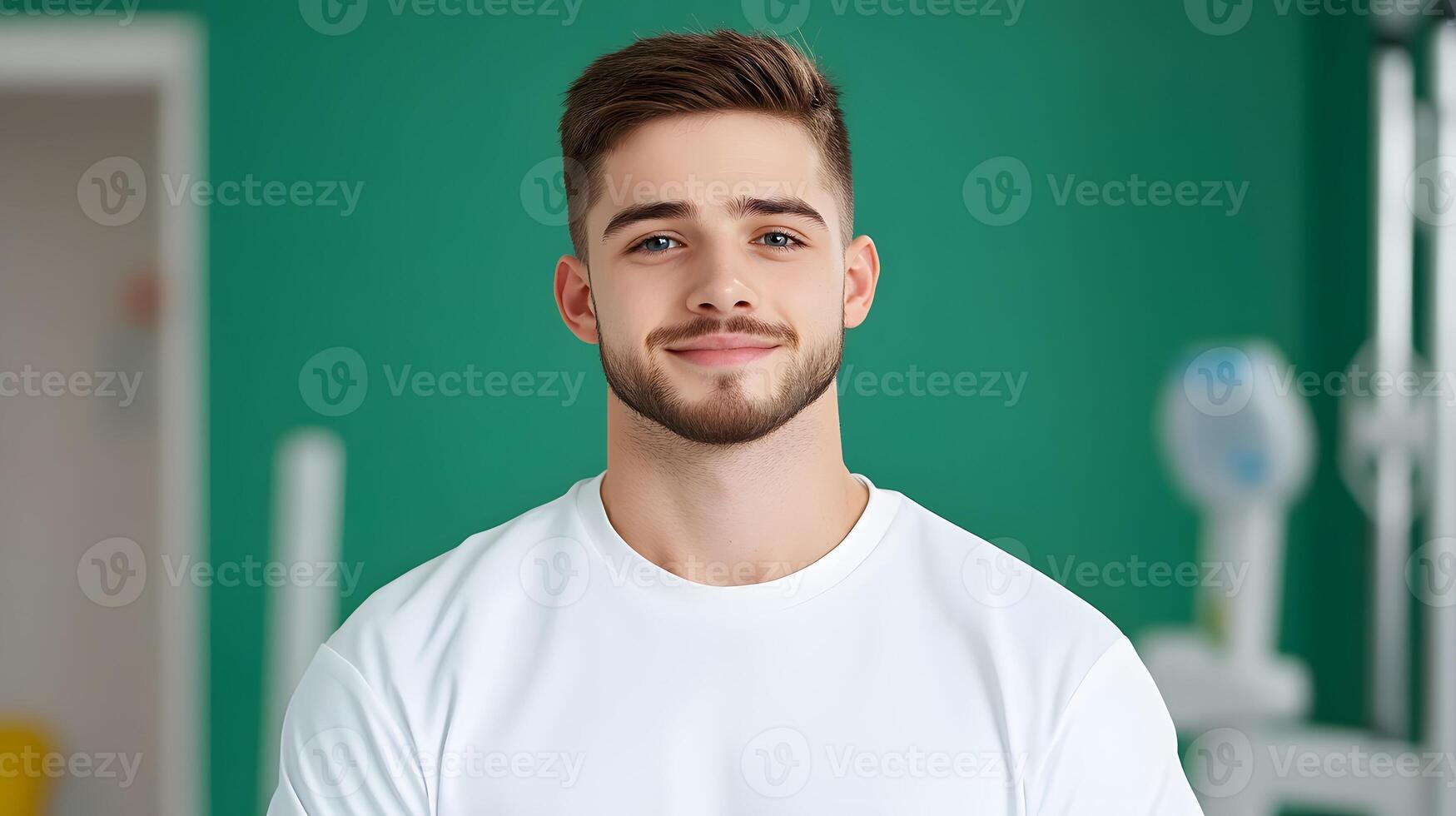 A smiling confident young man in a white shirt stands in a bright green office setting portraying a physical therapist or healthcare professional in their work environment photo