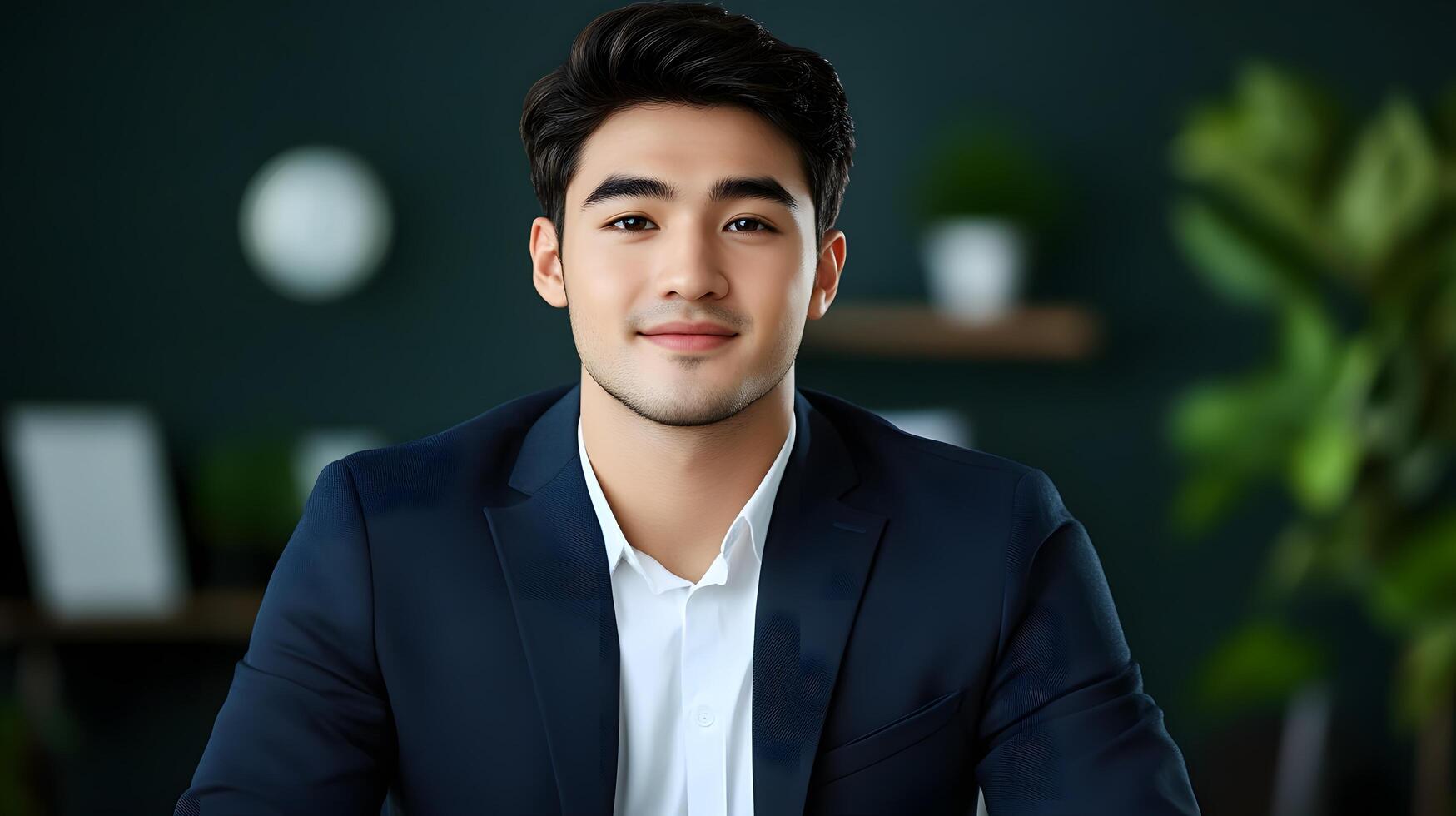 Confident and stylishly dressed young businessman posing for a professional portrait in a modern office setting exuding an air of success and leadership photo