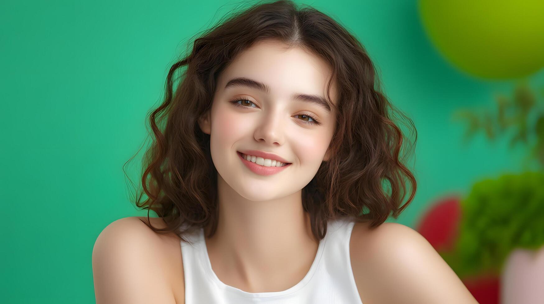Cheerful and energetic portrait of a young curly haired woman smiling as a wellness blogger in her bright modern workplace photo
