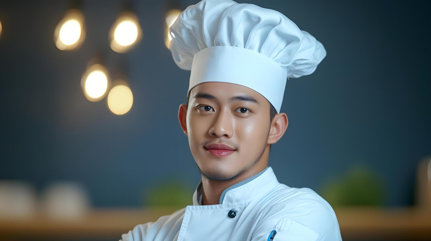 Portrait of a confident and smiling young restaurant chef in uniform posing proudly in their workplace showcasing their culinary expertise and dedication to the hospitality industry photo