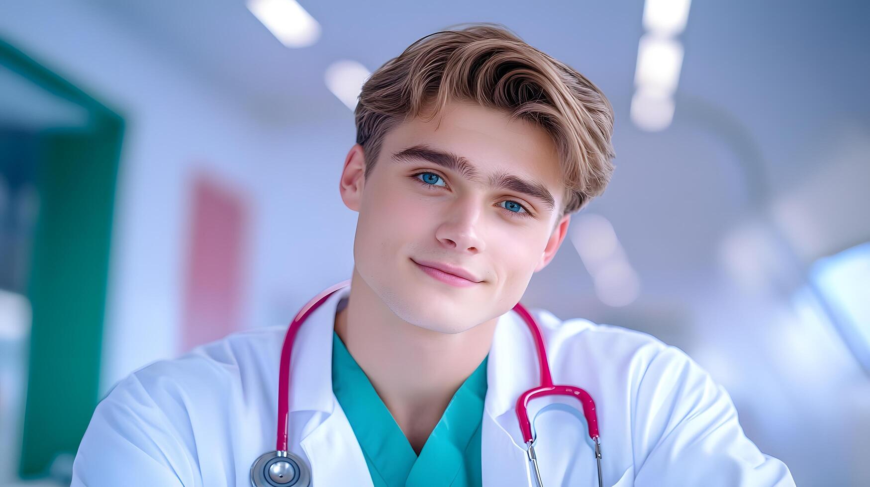 Friendly smiling portrait of a young male medical professional in a white coat and stethoscope posing confidently in a hospital or clinic setting photo