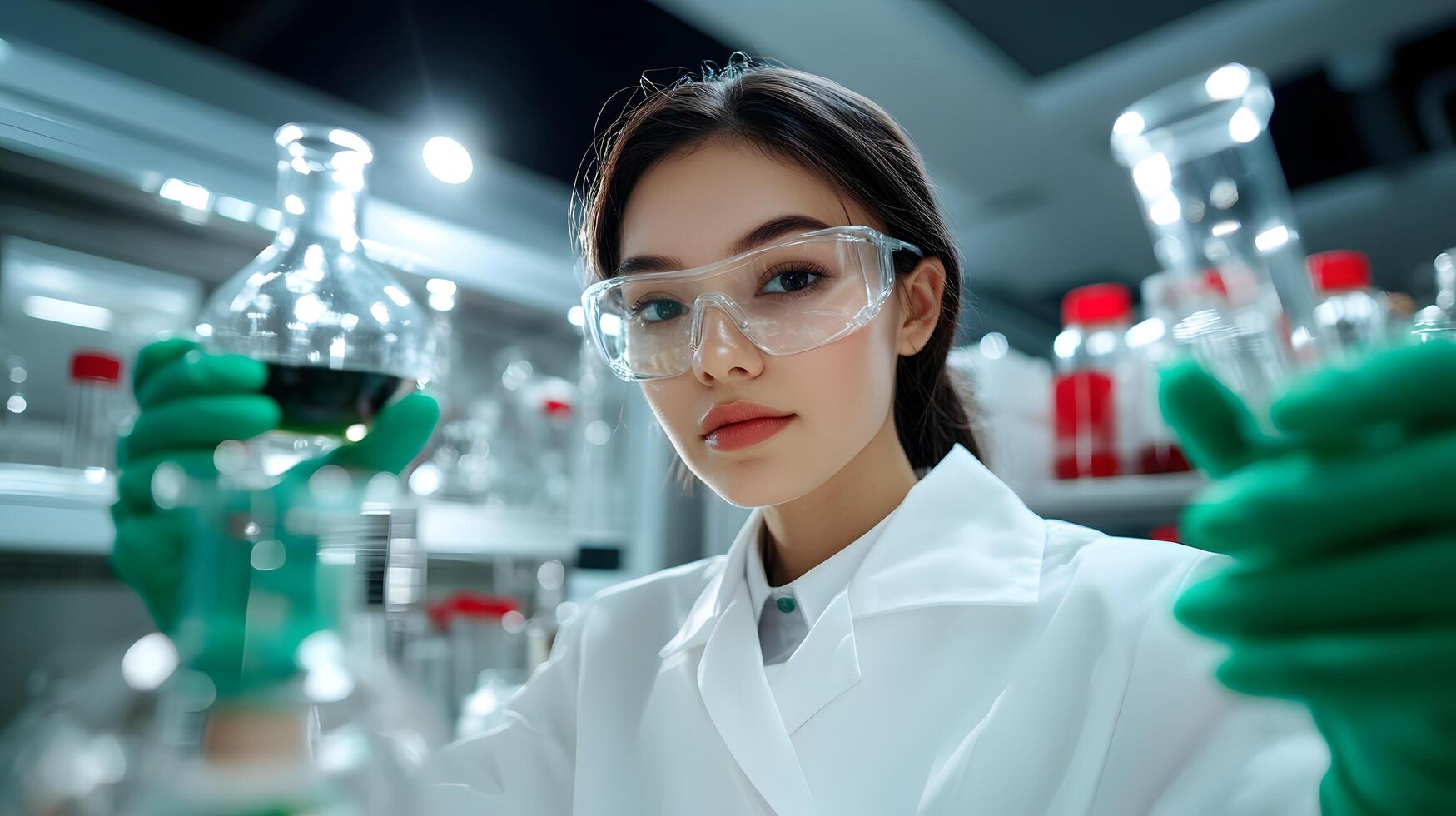 Female scientist in lab coat focuses intently while conducting an experiment with scientific equipment and glassware photo