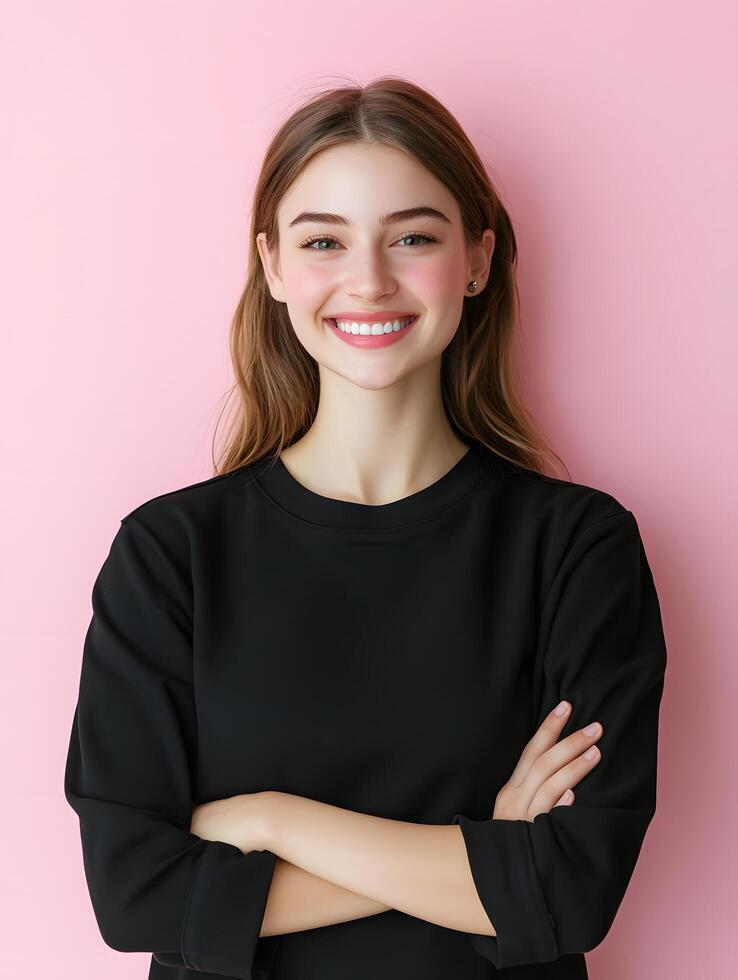 A young vibrant woman with a warm friendly expression and a confident welcoming demeanor She is wearing a black top and has her brown hair styled casually creating a natural photo