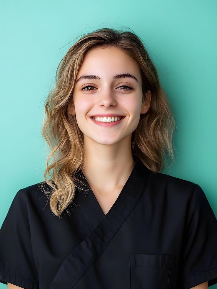 A vibrant portrait of a young smiling woman with wavy blonde hair dressed in a professional black outfit standing against a pastel colored background conveying a sense of confidence style photo