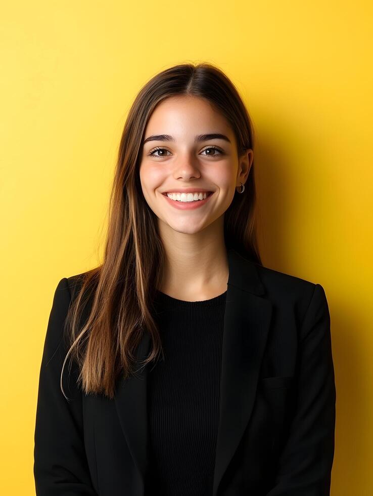 A portrait of a cheerful and confident young woman wearing a black jacket smiling warmly against a vibrant yellow background suggesting her role as an experienced and skilled event planner photo