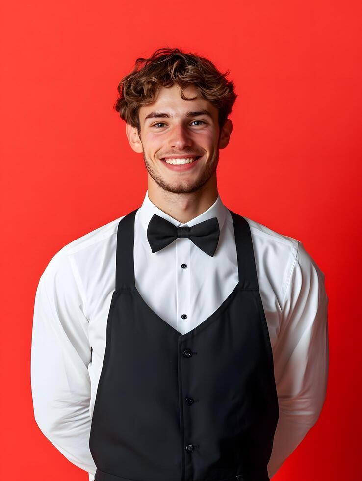 A cheerful well dressed young man with curly hair and a friendly smile poses for a portrait against a vibrant red background wearing a crisp white shirt black vest and a stylish bowtie photo
