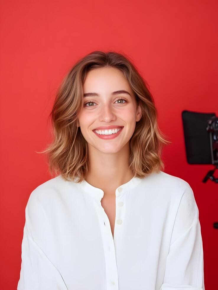 Cheerful and confident young woman posing for a portrait photo in a studio setting with a red background