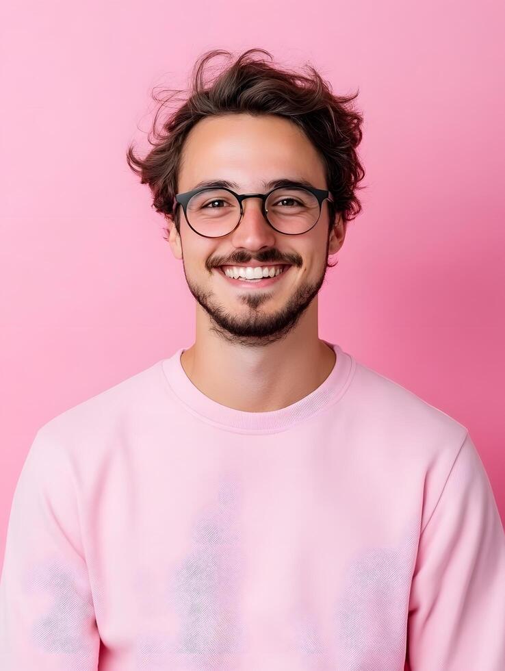 A cheerful and confident young man with curly hair and glasses smiles directly at the a friendly and engaging expression in a modern studio style portrait setting photo