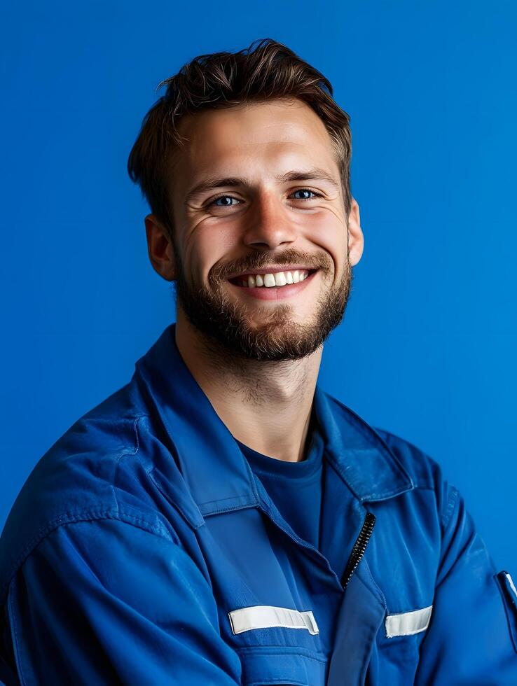 Cheerful and friendly portrait of a young male mechanic in a blue uniform standing against a vibrant blue studio background with a confident approachable expression photo