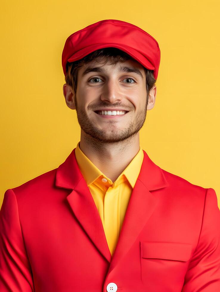 A friendly smiling bellhop dressed in a bright red uniform with a matching cap standing against a vibrant yellow background and looking ready to provide helpful service photo