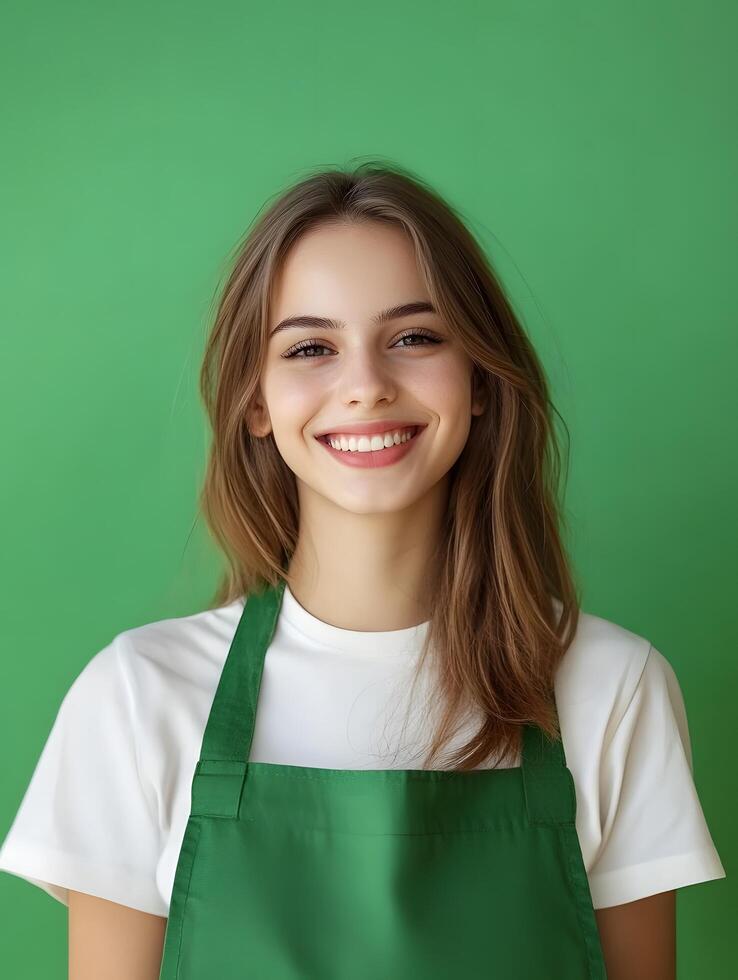 Cheerful portrait of a young attractive woman wearing a green apron and smiling brightly against a vibrant green background photo