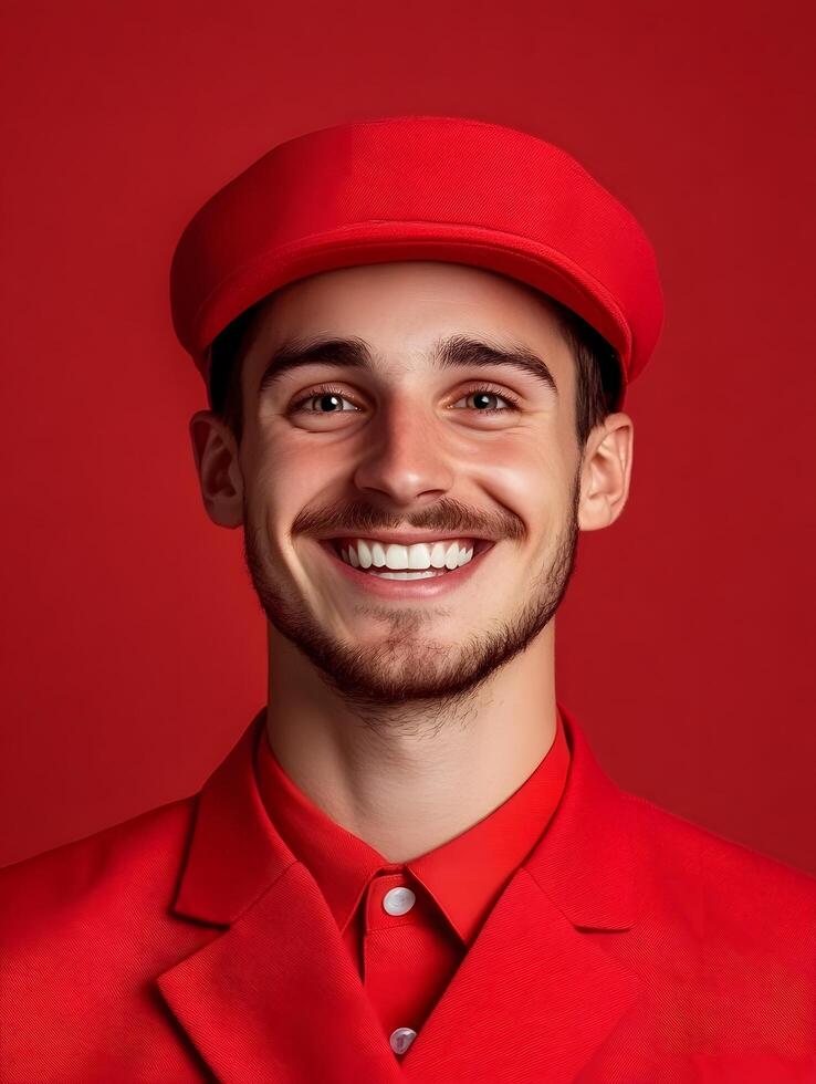 Cheerful and welcoming portrait of a young male bellhop or hotel staff member wearing a red uniform and cap standing in front of a solid red background and smiling directly at the photo
