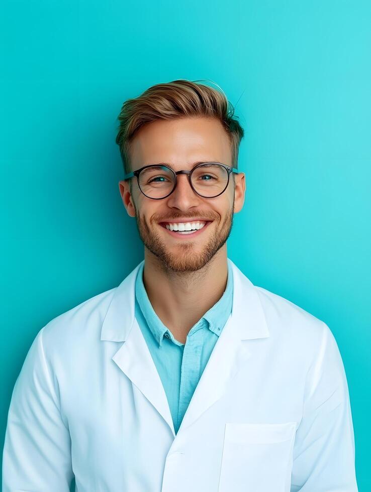 Friendly portrait of a youthful beaming biologist wearing a white lab coat and glasses against a vibrant blue background photo